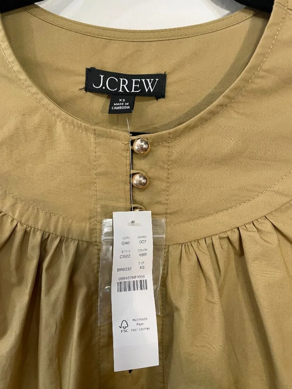 New J.Crew 100% Cotton Gold Button Shirred Popover Blouse Camel XS